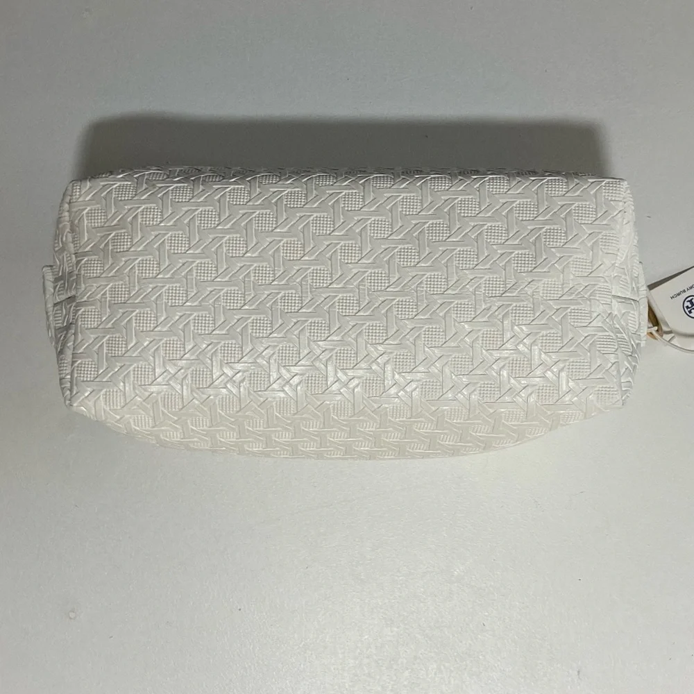 NWT Tory Burch White Basketweave Cosmetic Case Bag Gold Signature Hardware - Picture 7 of 16